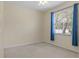 Bedroom with a large window, neutral carpet, and blue curtains at 8382 Christopher Ln, Weeki Wachee, FL 34613