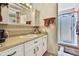 A bathroom features a vanity with white cabinets and sink plus walk-in shower at 10155 Duffy Cir, Weeki Wachee, FL 34613