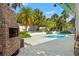Outdoor pool area featuring a brick grill, palm trees, and a view of the pool at 1115 Pennsylvania Ave, Palm Harbor, FL 34683