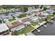 Aerial view of homes along a canal, featuring private docks and neat landscaping at 12637 2Nd Isle, Hudson, FL 34667