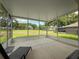 Covered screened patio with seating and an expansive view of the backyard at 13349 Niti Dr, Hudson, FL 34669