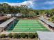 Aerial view of the community shuffleboard courts with shaded seating and well-maintained green playing surfaces at 16037 Brookridge Blvd, Brooksville, FL 34613