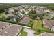 This aerial shot showcases a home with a screened-in pool and spacious backyard in a Gathering-friendly neighborhood with mature trees at 2526 Brinley Dr, Trinity, FL 34655