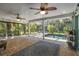 Screened patio features brick flooring, fan lighting, and scenic pool view at 3609 Montclair Dr, New Port Richey, FL 34655