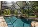 An enclosed pool with a rock waterfall sits in a screened enclosure with trees and greenery at 3609 Montclair Dr, New Port Richey, FL 34655