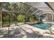 Enclosed pool area featuring a sparkling pool with waterfall feature and lush greenery beyond the screen at 3609 Montclair Dr, New Port Richey, FL 34655