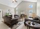 Comfortable living room with vaulted ceilings, fireplace, and stylish leather furniture at 487 Waterloo Ct, Spring Hill, FL 34609