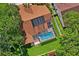 Aerial view of home with pool, green lawn, solar panel and screened in porch at 4923 Fort Peck Rd, New Port Richey, FL 34655