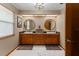 Bathroom featuring wood cabinets, double sinks, and stylish round mirrors at 5363 Utopia Pl, Brooksville, FL 34601