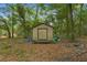 A storage shed with a wooden door sits in a lot with scattered leaves and surrounding tall trees at 8102 Fort Dade Ave, Brooksville, FL 34601