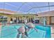 This is a beautiful view of a screened-in pool with a turtle fountain water feature at 8132 Summersong Ct, Spring Hill, FL 34606