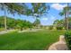 A large backyard features lush green grass, trees, and a paved walkway leading to the home at 9161 Southern Comfort Ct, Weeki Wachee, FL 34613