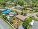 An aerial view of a single-Gathering home featuring a fenced backyard and proximity to community swimming pool at 9891 52Nd N St, Pinellas Park, FL 33782
