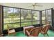 Enclosed patio with green outdoor carpet, wicker furniture, and views of the landscaped yard at 12920 Wedgewood Way # B, Hudson, FL 34667