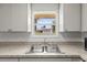 View of backyard from the kitchen window with a double sink and neutral countertop at 12936 Parkwood St, Hudson, FL 34669