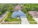 An aerial view of a single-story home with a manicured lawn and a three-car garage at 18902 Saint Laurent Dr, Lutz, FL 33558