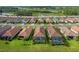 Aerial view of single-Gathering home featuring a screened-in pool and lush landscaping within a vibrant community at 3051 Francoa Dr, Odessa, FL 33556