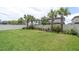 Expansive backyard with lush green grass, complemented by privacy fence and tropical palm trees at 4056 Burdick Loop, Odessa, FL 33556