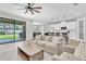 Open-concept living space with a modern kitchen, comfortable seating, and sliding glass doors to the patio at 4056 Burdick Loop, Odessa, FL 33556