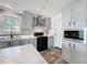 A modern kitchen with gray cabinetry, stainless steel appliances, and a large window at 7353 Thorpp Ave, Brooksville, FL 34613