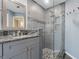 Modern bathroom featuring a glass-enclosed shower, grey vanity, decorative mirror, and elegant fixtures at 8850 March Ct, New Port Richey, FL 34655