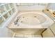 Jetted tub with tile surround and chrome fixtures, located in bathroom near block window at 9200 Turnberry Ct, New Port Richey, FL 34655