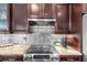 Close-up of kitchen cooktop, stainless steel backsplash, granite countertops and dark cabinets at 1142 Wolford Dr, Trinity, FL 34655