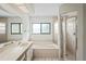 Bathroom featuring bathtub, shower, double sinks, large mirror, and natural light at 128 Oak Lake Dr, Spring Hill, FL 34608