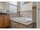 Bathroom featuring a soaking tub, tiled walls, and a single sink vanity at 1862 Wood Bend St, Tarpon Springs, FL 34689