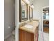 Bathroom features a double vanity with framed mirrors, tile flooring, and natural light at 22316 Red Jacket Ln, Land O Lakes, FL 34639