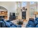 Elegant living room with high ceilings, a fireplace, and comfortable blue seating at 2880 Chelsea N Pl, Clearwater, FL 33759