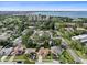 This aerial view showcases a neighborhood with lush landscaping, mature trees, and a bay view at 2887 Cathy Ln, Clearwater, FL 33760