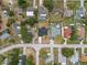 Overhead view of a neighborhood, displaying various houses with pools, manicured lawns, and quiet streets at 3312 Blythe Ave, Spring Hill, FL 34609