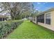 Lush backyard with vibrant green grass and manicured hedges bordering the home and screened patio at 4841 Wakefield Ct # 4841, New Port Richey, FL 34655