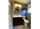 Bathroom featuring wood look tile floors, grey walls, a toilet and vanity at 7534 Briarwood Dr, Port Richey, FL 34668