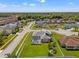 Aerial view of home featuring a screened-in pool, fenced yard, and green lawn at 13627 Lightning Rod Ct, Hudson, FL 34669