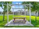 Backyard picnic area with pergola situated next to a fenced yard with pool at 13627 Lightning Rod Ct, Hudson, FL 34669