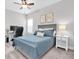 Bedroom with a blue bed, nightstand, and desk in an updated, neutral-toned room at 15241 Caravan Ave, Odessa, FL 33556