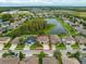 Expansive aerial view of a home with a pond view in a well-maintained suburban neighborhood at 17905 Machair Ln, Land O Lakes, FL 34638