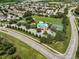 Community aerial view showing the neighborhood pool, tennis courts, and nearby roadways at 17905 Machair Ln, Land O Lakes, FL 34638