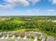 Aerial view showcasing the homes, pond, and lush landscaping at 18566 Hunters Meadow Walk, Land O Lakes, FL 34638