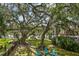 Lush backyard with mature trees, charming seating area, and waterfront views, perfect for outdoor relaxation and entertainment at 6046 River Rd, New Port Richey, FL 34652