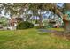 Spacious backyard featuring a playset, mature landscaping, and an inviting swing for outdoor fun at 6046 River Rd, New Port Richey, FL 34652