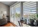 The window has white shutters, and shows a view of the neighborhood and a body of water at 639 Garland Cir, Indian Rocks Beach, FL 33785