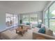 Cozy living room with large windows, comfortable seating, and access to an outdoor patio at 7608 Bougenville Dr, Port Richey, FL 34668