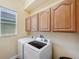 Functional laundry room equipped with front loading washer and dryer and upper cabinets for storage at 11726 Belle Haven Dr, New Port Richey, FL 34654