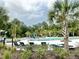 Community pool surrounded by palm trees, lounge chairs, and lush greenery at 17316 Cruiser Bnd, Land O Lakes, FL 34638