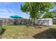 Backyard featuring mature trees, seating and shade, a shed and fenced perimeter at 4537 Cynthia Ln, Spring Hill, FL 34606