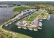 A beautiful aerial view of a marina with boats docked and RVs parked along the bank at 7303 Hatteras Dr, Hudson, FL 34667