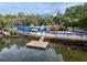 Outdoor restaurant on the water with a dock, picnic tables, and waterfront dining creating a relaxed atmosphere at 7303 Hatteras Dr, Hudson, FL 34667